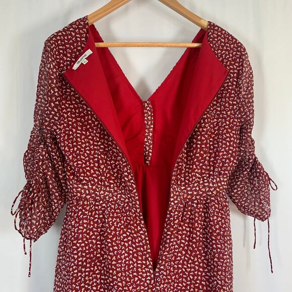 Madewell Red Floral Mini Dress Size 4 V-Neck Ruched Sleeves Lined Flowy Fit - Picture 7 of 9